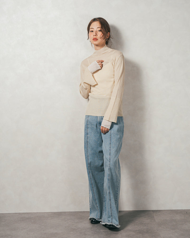 袖レイヤードラメリブタートルニット(IVORY)