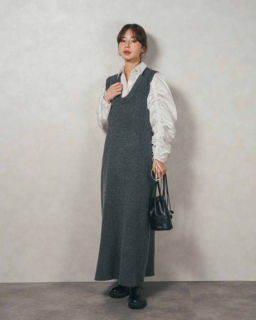 ［SET］ブロード袖ドロストデザインブラウス+メランジKnitロングワンピース（2SET）