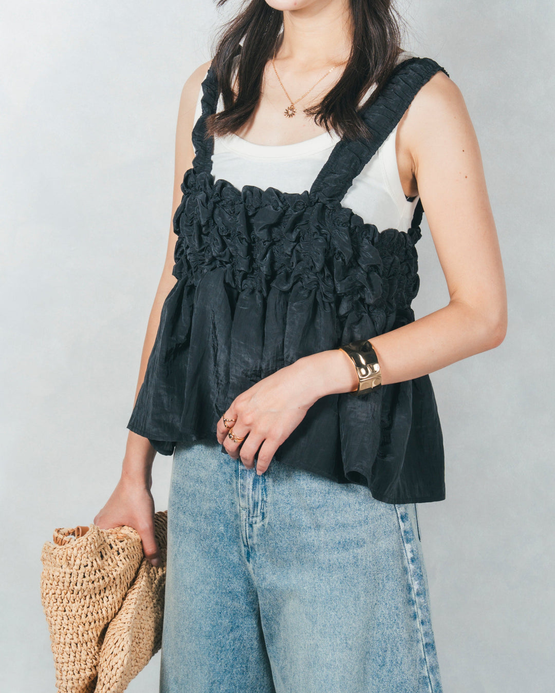 ［SET］ワッシャータフタシャーリングキャミ+ハクデザインカーブデニム（2SET）