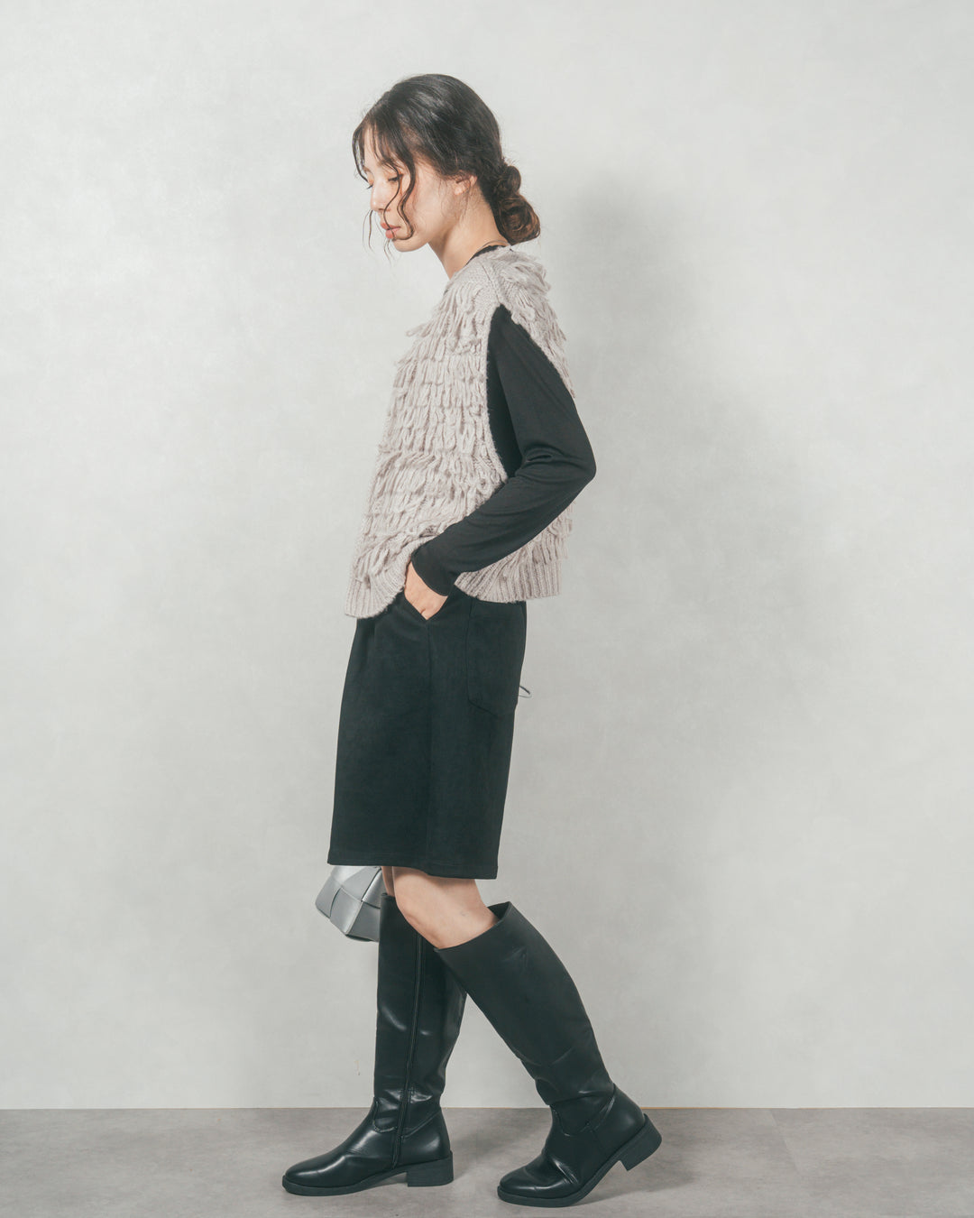 ループ編みフリンジニットベスト (GRAY)