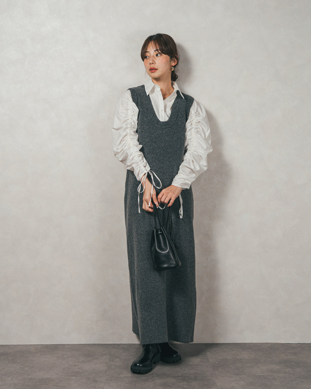 ［SET］ブロード袖ドロストデザインブラウス+メランジKnitロングワンピース（2SET）