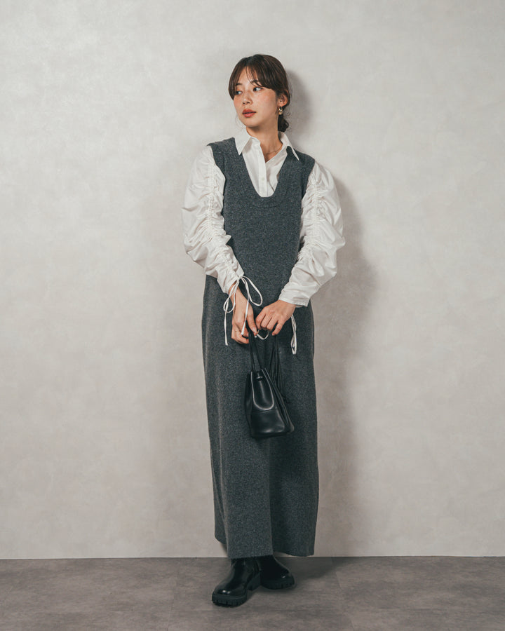 ［SET］ブロード袖ドロストデザインブラウス+メランジKnitロングワンピース（2SET）