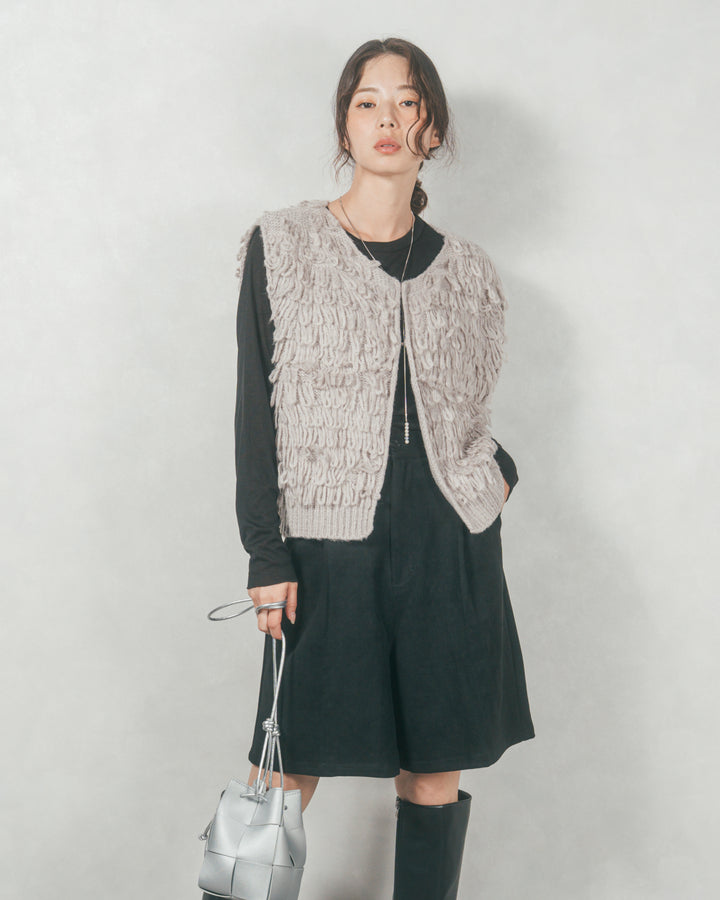 ループ編みフリンジニットベスト (GRAY)
