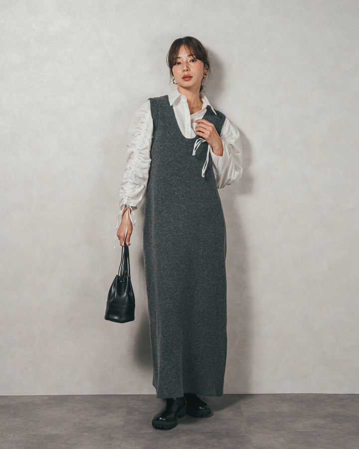 ［SET］ブロード袖ドロストデザインブラウス+メランジKnitロングワンピース（2SET）