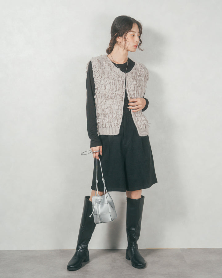 ループ編みフリンジニットベスト (GRAY)
