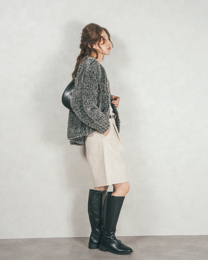 ［SET］ファーニットLuxeカーデコート+レザーライクハーフパンツ（2SET）