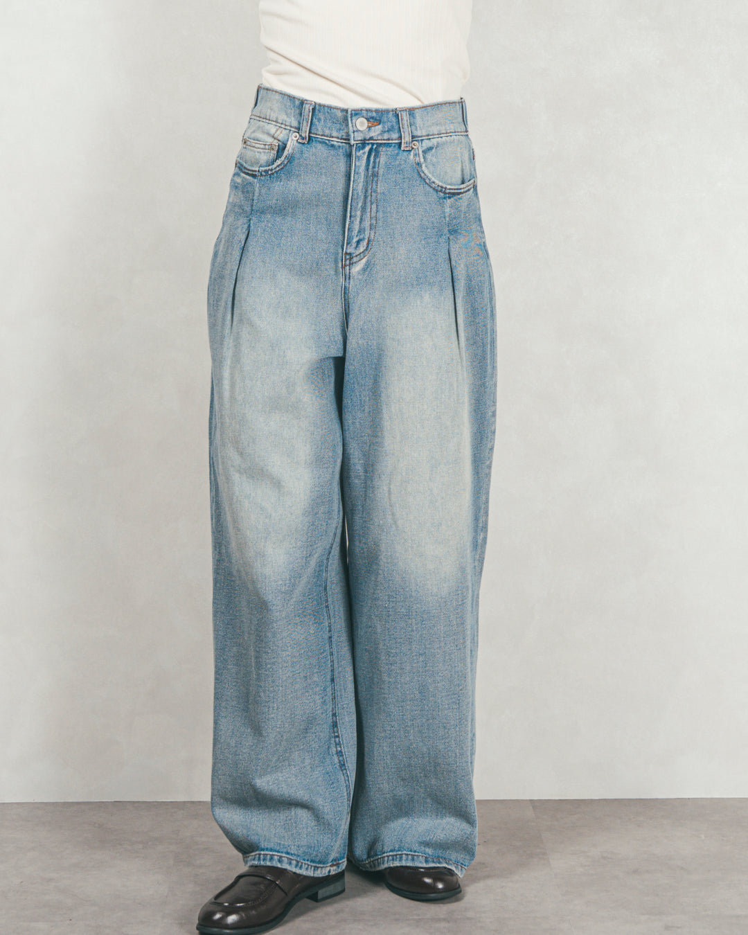 ［SET］Airyフェザー ニットカーディガン+ワイドTuckイージーデニム