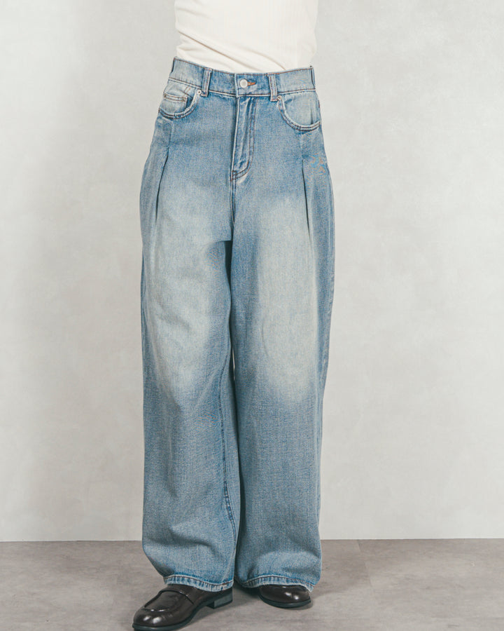 ［SET］Airyフェザー ニットカーディガン+ワイドTuckイージーデニム