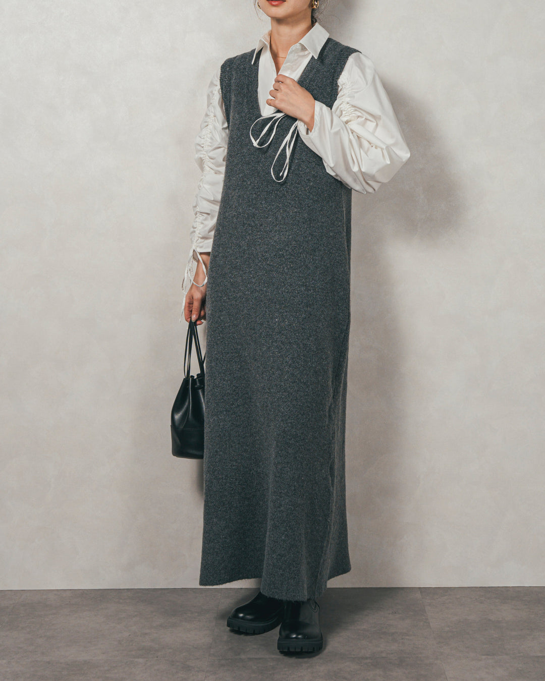 ［SET］ブロード袖ドロストデザインブラウス+メランジKnitロングワンピース（2SET）