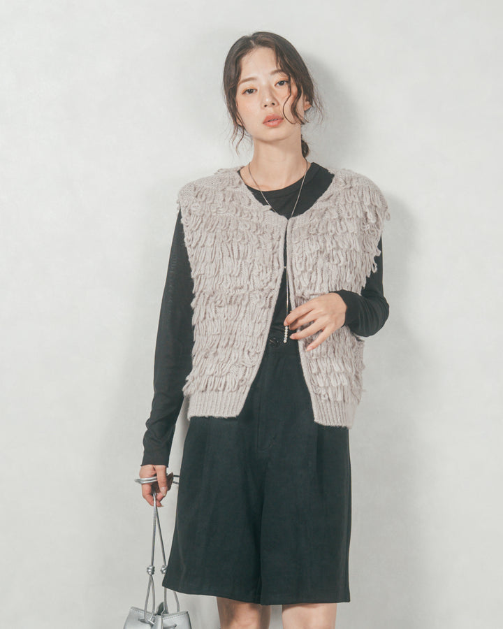 ループ編みフリンジニットベスト (GRAY)