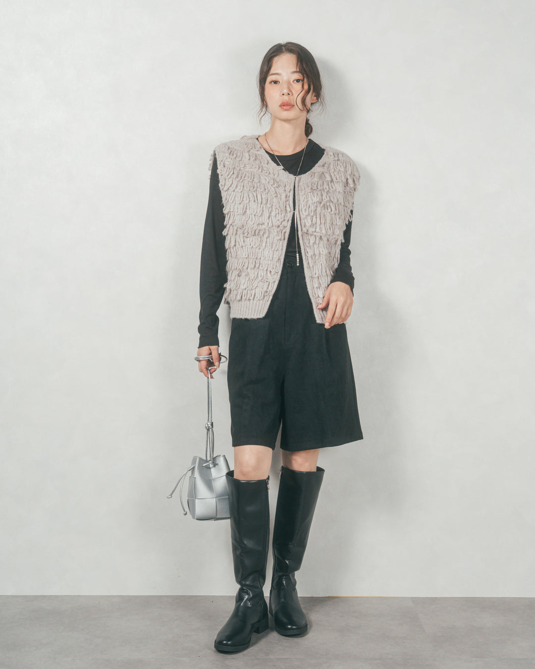 ループ編みフリンジニットベスト (GRAY)
