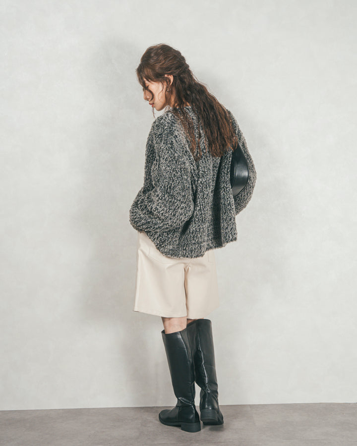 ［SET］ファーニットLuxeカーデコート+レザーライクハーフパンツ（2SET）