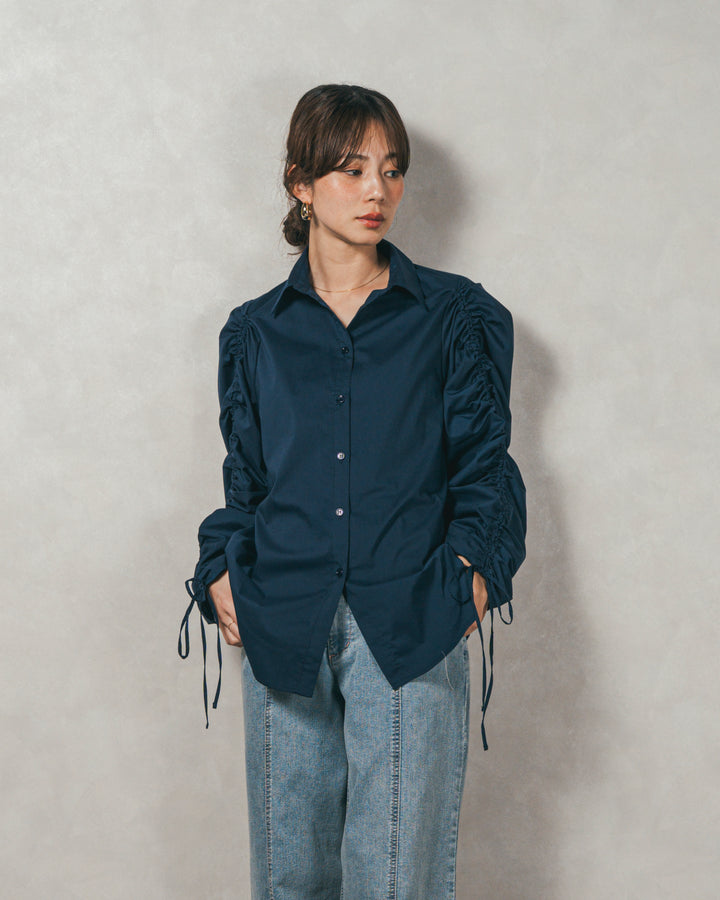 ［SET］ブロード袖ドロストデザインブラウス+メランジKnitロングワンピース（2SET）