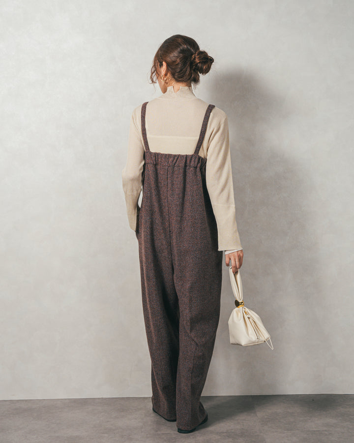 ［SET］袖レイヤードラメリブタートルニット+Tweedベロアサロペット（2SET）