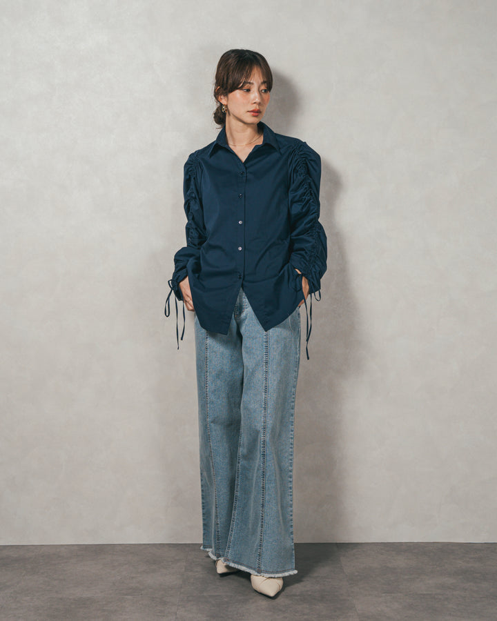 ［SET］ブロード袖ドロストデザインブラウス+2-Way Uネックメッシュニットベスト+フロントスリット Iラインデニムスカート（3SET）