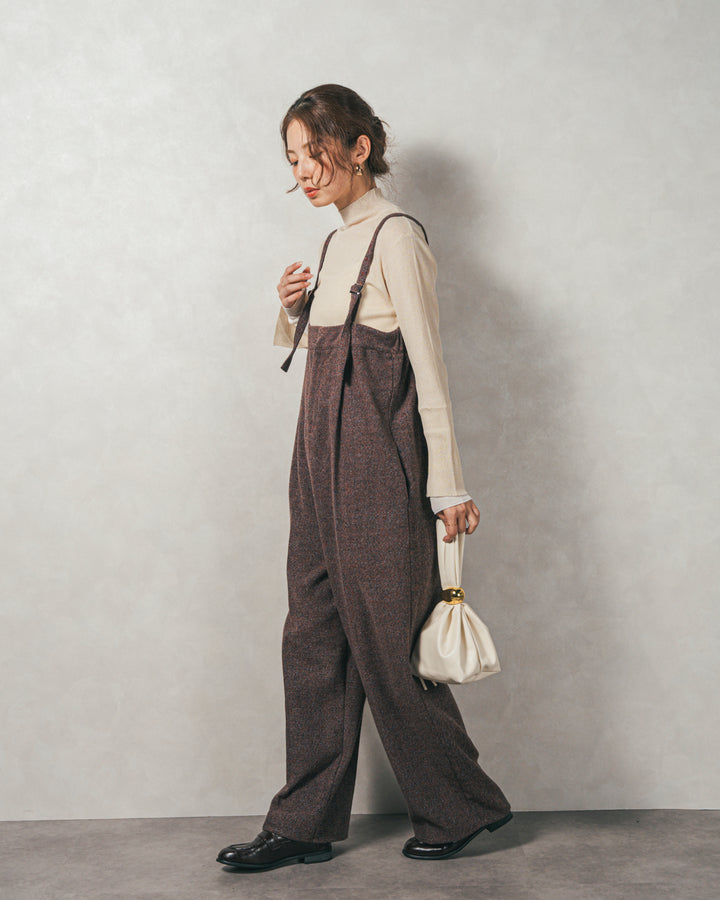 ［SET］袖レイヤードラメリブタートルニット+Tweedベロアサロペット（2SET）