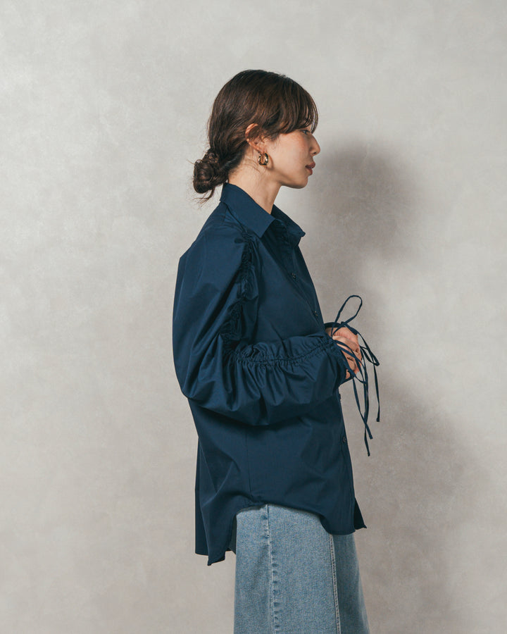 ［SET］ブロード袖ドロストデザインブラウス+メランジKnitロングワンピース（2SET）