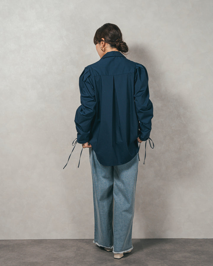 ［SET］ブロード袖ドロストデザインブラウス+2-Way Uネックメッシュニットベスト+センターシーム リラックスカラーデニム（3SET）