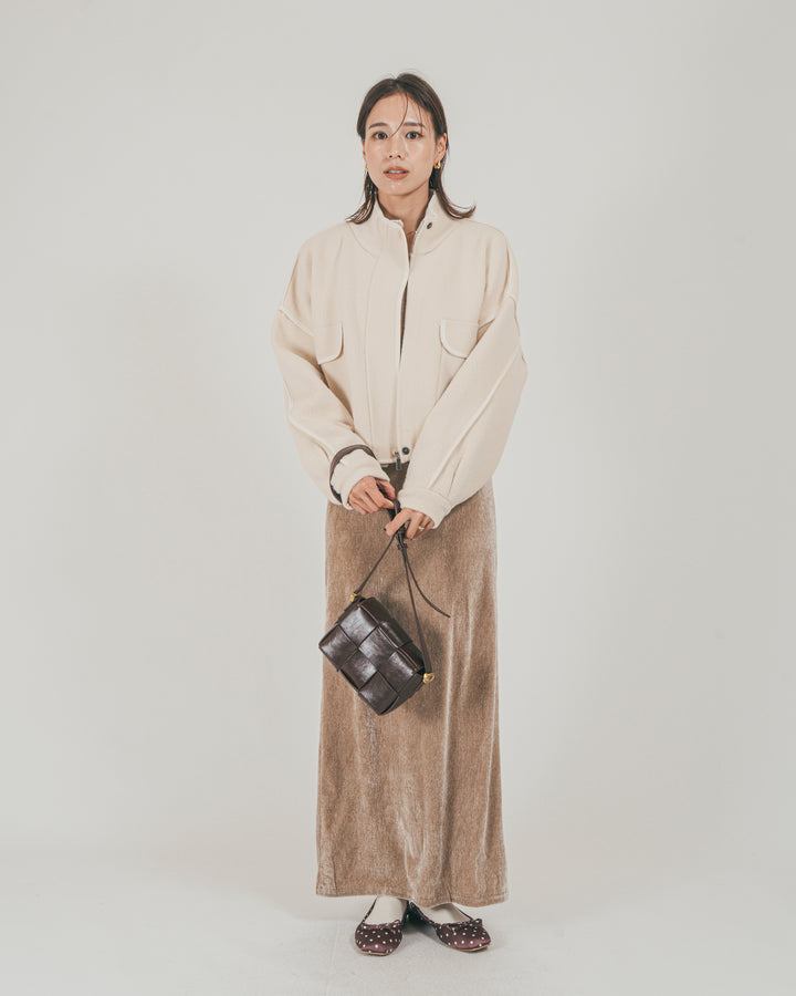 ［SET］Softショートニットブルゾン + ベロア Back Openワンピース（2SET）