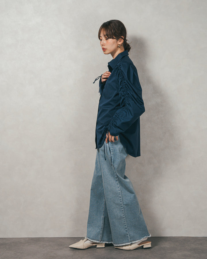 ［SET］ブロード袖ドロストデザインブラウス+2-Way Uネックメッシュニットベスト+センターシーム リラックスカラーデニム（3SET）