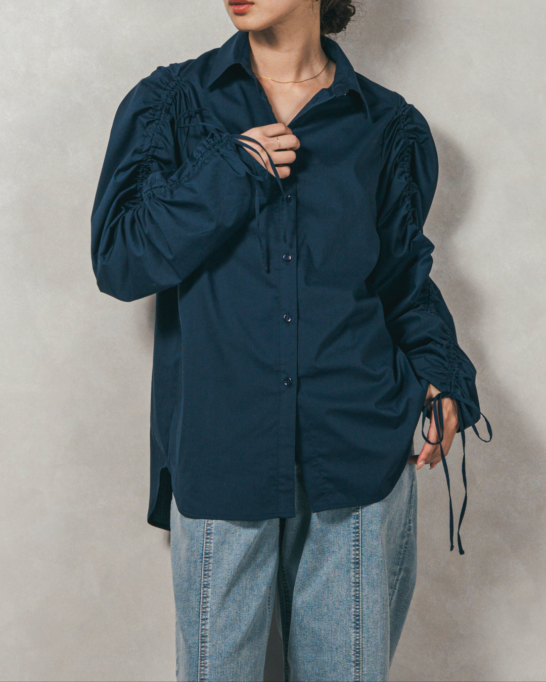 ［SET］ブロード袖ドロストデザインブラウス+メランジKnitロングワンピース（2SET）