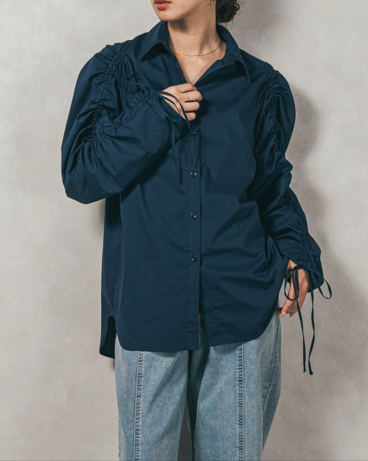 ［SET］ブロード袖ドロストデザインブラウス+メランジKnitロングワンピース（2SET）