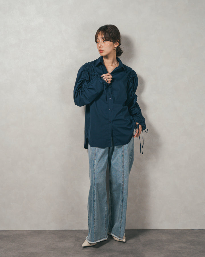 ［SET］ブロード袖ドロストデザインブラウス+2-Way Uネックメッシュニットベスト+センターシーム リラックスカラーデニム（3SET）