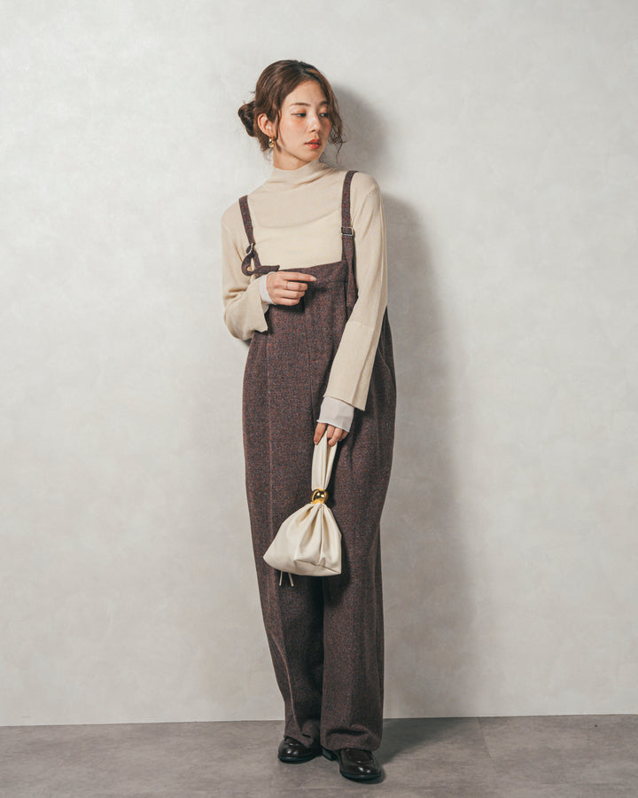 ［SET］袖レイヤードラメリブタートルニット+Tweedベロアサロペット（2SET）