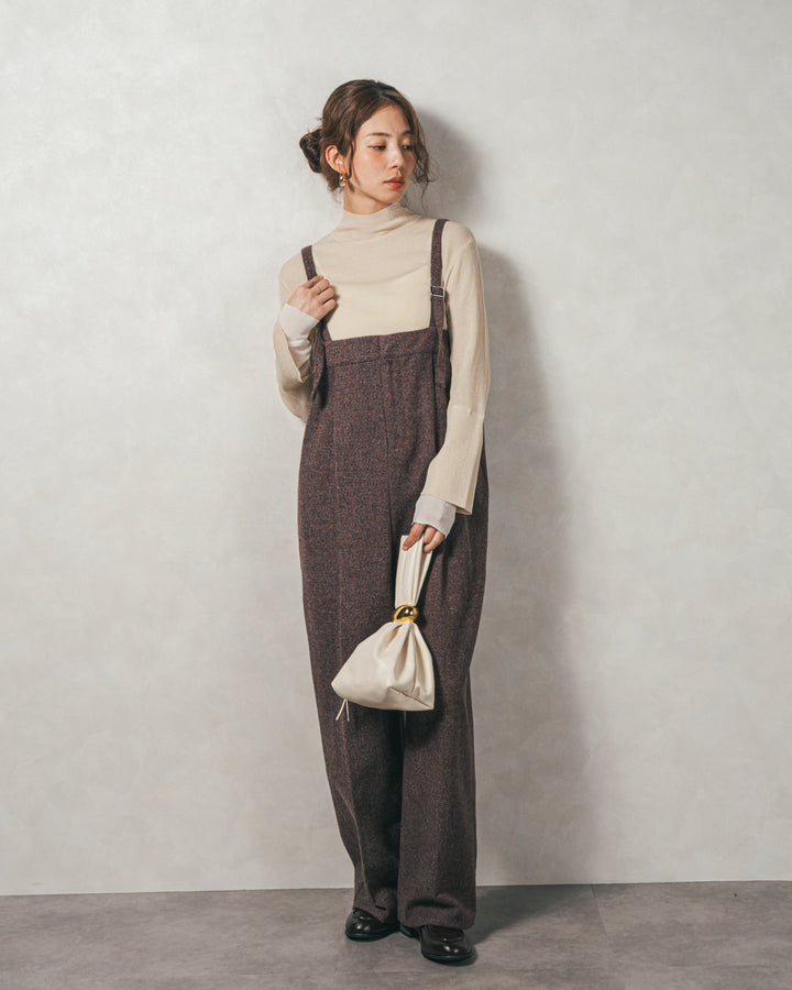 ［SET］袖レイヤードラメリブタートルニット+Tweedベロアサロペット（2SET）