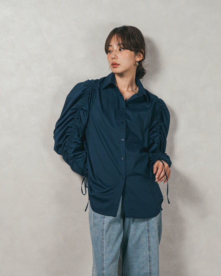 ［SET］ブロード袖ドロストデザインブラウス+2-Way Uネックメッシュニットベスト+フロントスリット Iラインデニムスカート（3SET）