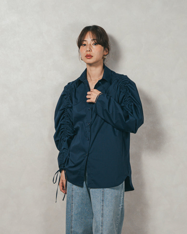 ［SET］ブロード袖ドロストデザインブラウス+2-Way Uネックメッシュニットベスト+センターシーム リラックスカラーデニム（3SET）