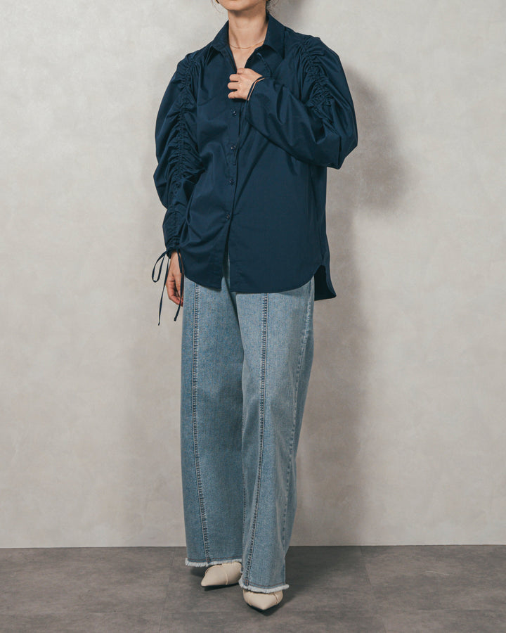 ［SET］ブロード袖ドロストデザインブラウス+2-Way Uネックメッシュニットベスト+センターシーム リラックスカラーデニム（3SET）