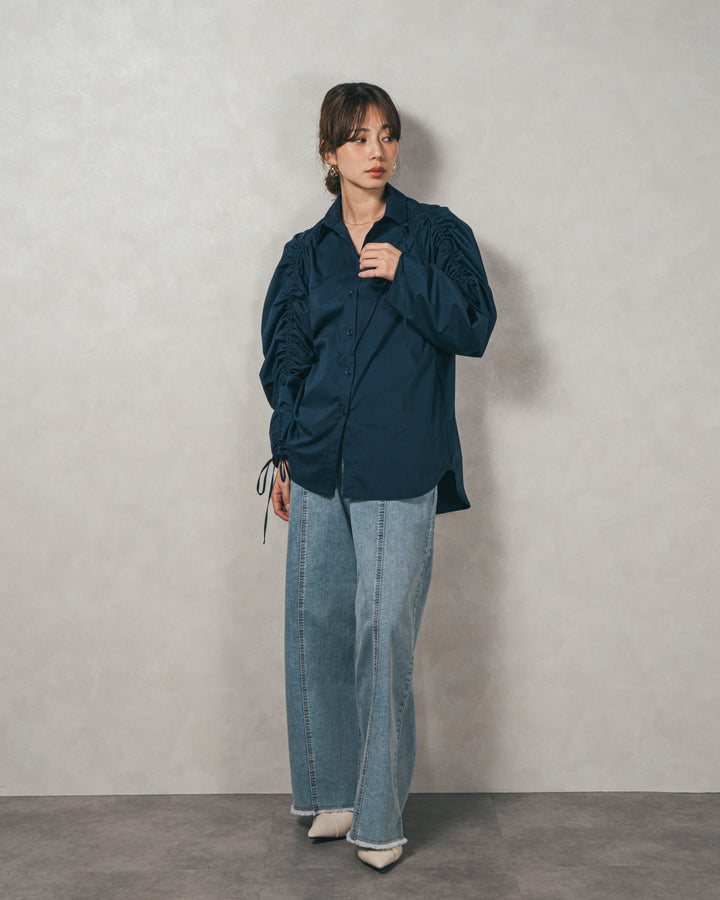 ［SET］ブロード袖ドロストデザインブラウス+2-Way Uネックメッシュニットベスト+センターシーム リラックスカラーデニム（3SET）