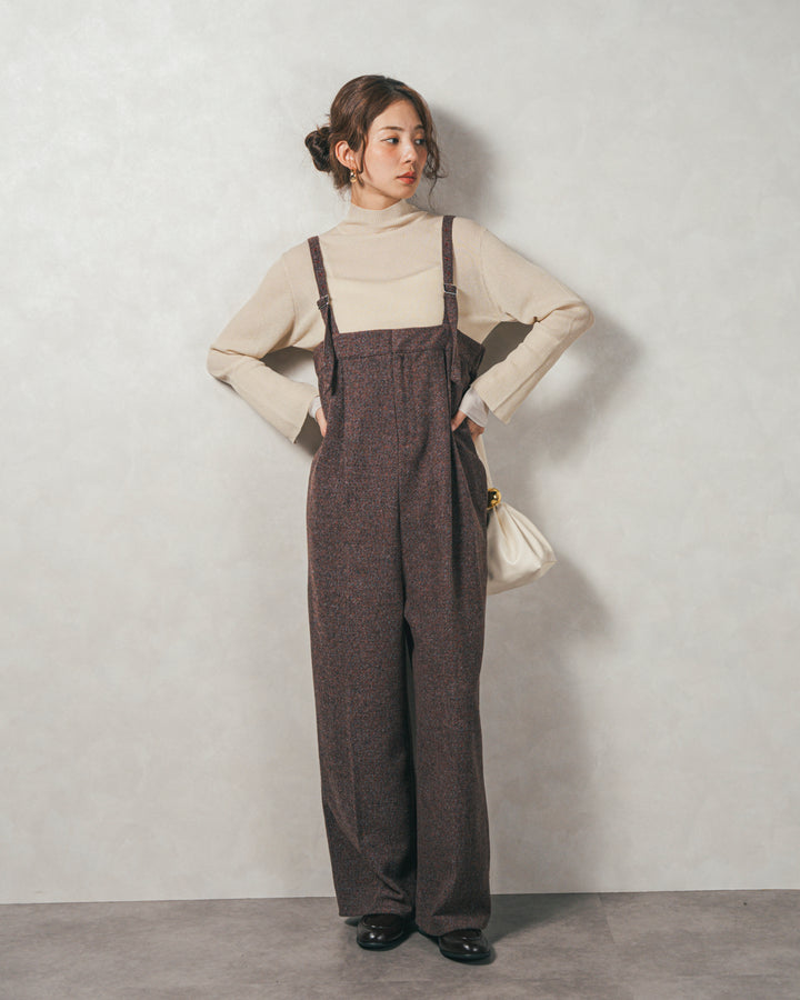 ［SET］袖レイヤードラメリブタートルニット+Tweedベロアサロペット（2SET）