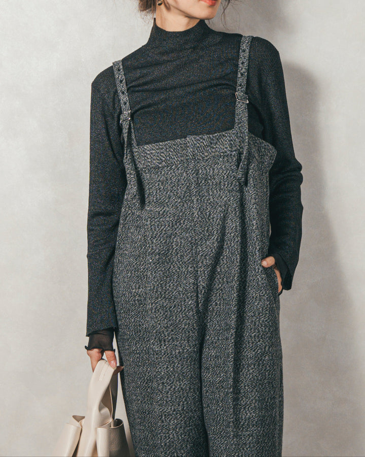 ［SET］袖レイヤードラメリブタートルニット+Tweedベロアサロペット（2SET）