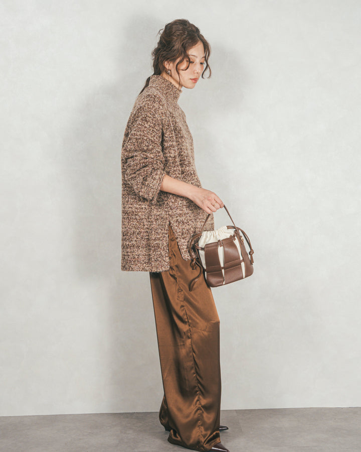 ［SET］ブークレMix ハイネックニット+Relaxサテンパンツ（2SET）