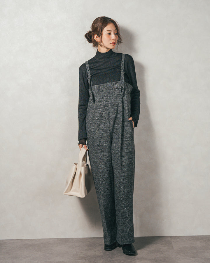 ［SET］袖レイヤードラメリブタートルニット+Tweedベロアサロペット（2SET）