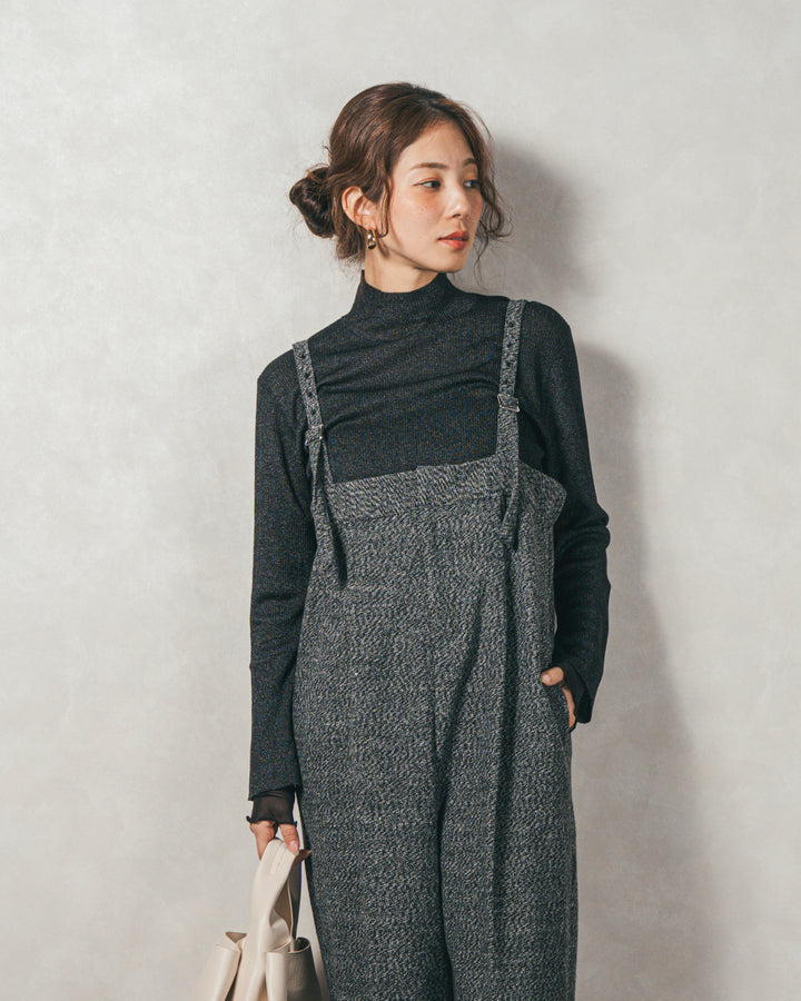 袖レイヤードラメリブタートルニット (BLACK)