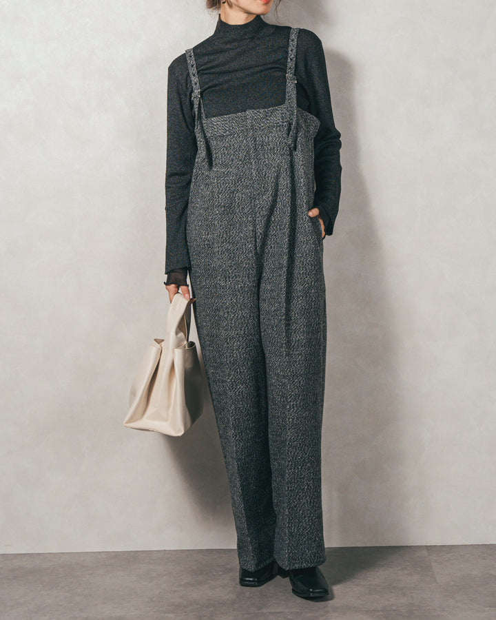 ［SET］袖レイヤードラメリブタートルニット+Tweedベロアサロペット（2SET）