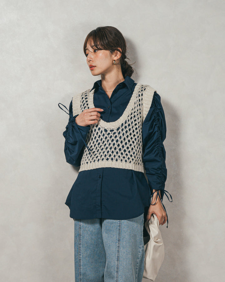 ［SET］ブロード袖ドロストデザインブラウス+2-Way Uネックメッシュニットベスト+センターシーム リラックスカラーデニム（3SET）