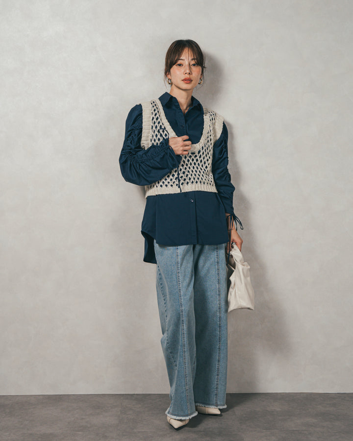 ［SET］ブロード袖ドロストデザインブラウス+2-Way Uネックメッシュニットベスト+センターシーム リラックスカラーデニム（3SET）