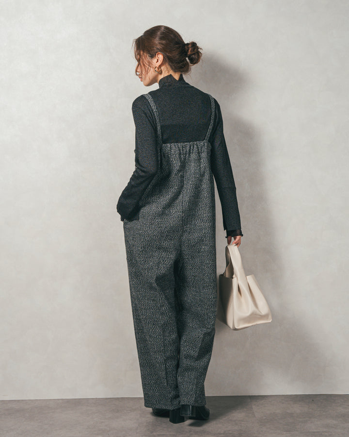 ［SET］袖レイヤードラメリブタートルニット+Tweedベロアサロペット（2SET）