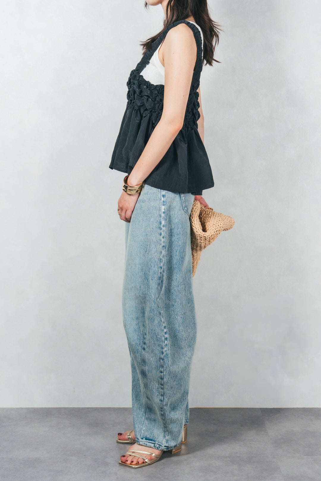 ワッシャータフタシャーリングキャミ (BLACK)