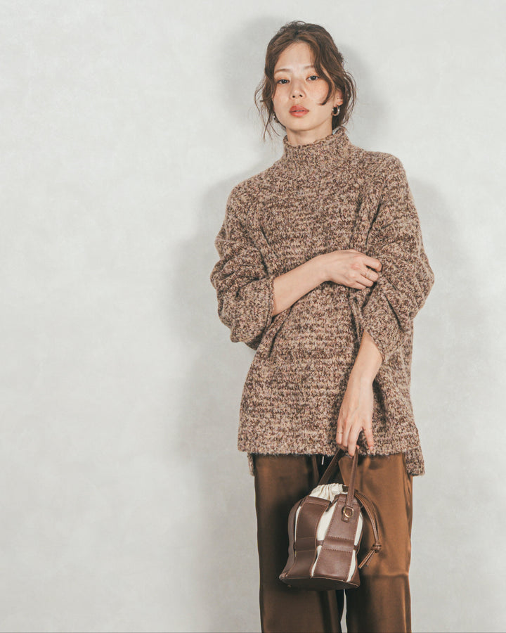 ［SET］ブークレMix ハイネックニット+Relaxサテンパンツ（2SET）