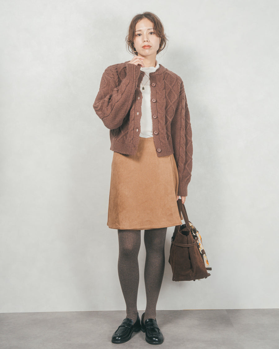 ［SET］ケーブルKnitクルーカーディガン+スウェードライクラップスカート（2SET）