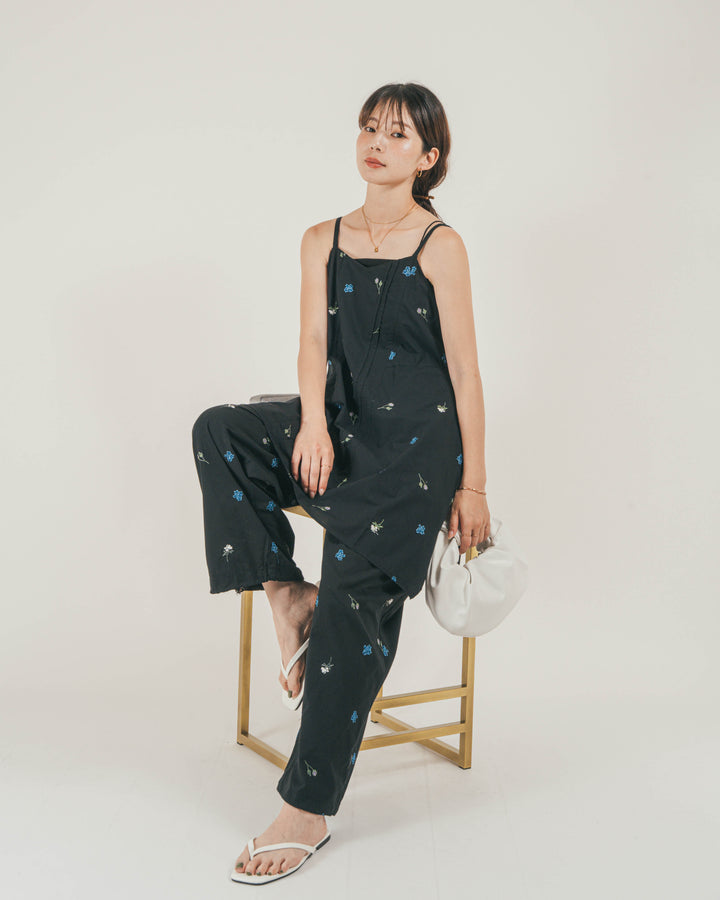 ［SET］Flower刺繍チュニックキャミ + Flower刺繍リラックスパンツ + カップ付きカットリブキャミ（3SET）