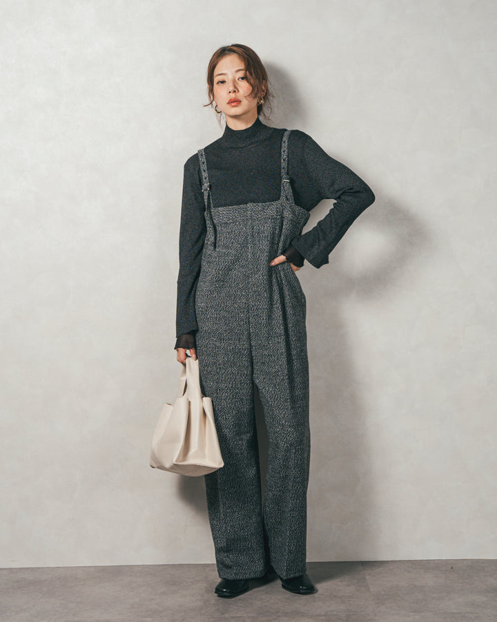 袖レイヤードラメリブタートルニット (BLACK)