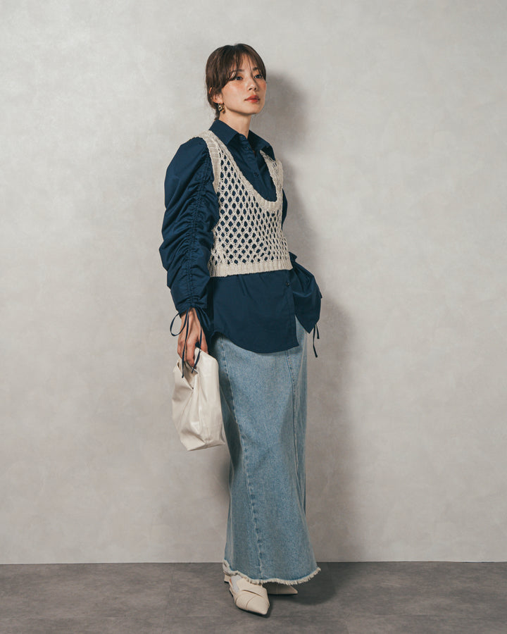 ［SET］ブロード袖ドロストデザインブラウス+2-Way Uネックメッシュニットベスト+フロントスリット Iラインデニムスカート（3SET）