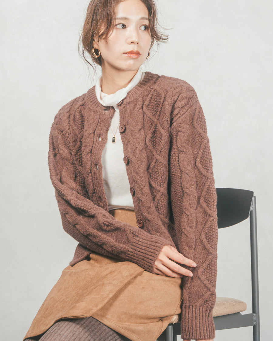 ［SET］ケーブルKnitクルーカーディガン+スウェードライクラップスカート（2SET）