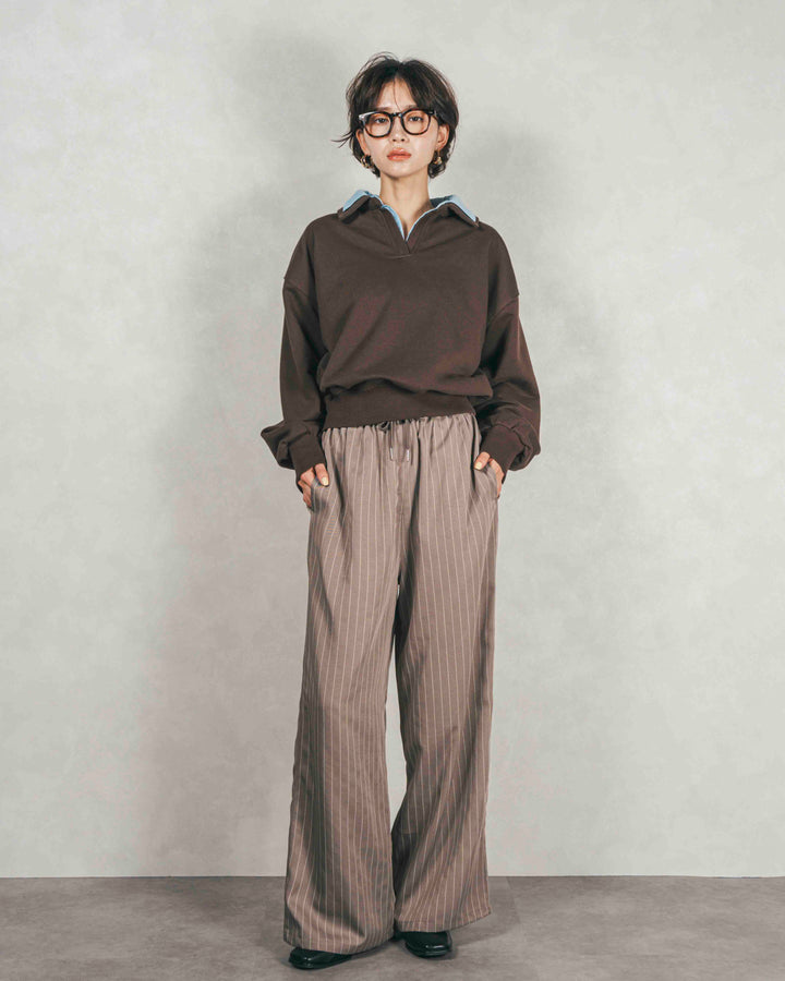 ［SET］シャツ Layered クロップドスウェット+Relaxストライプパンツ（2SET）
